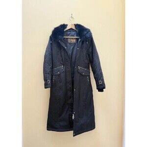 YaYa Women’s Long Puffer Coat Metallic Black W/ Faux Fur Hood. Sz Small Vintage